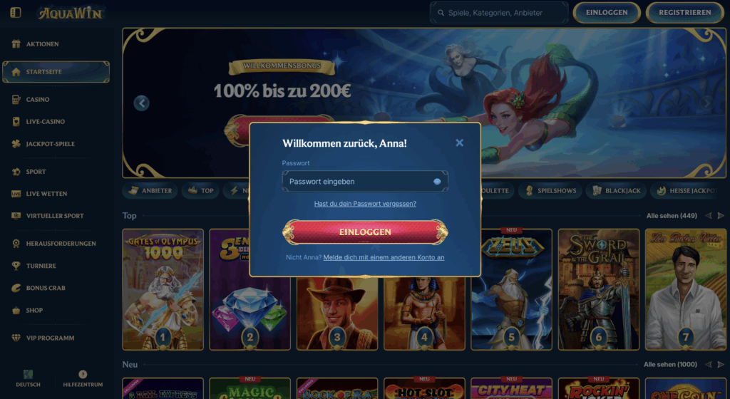 Login im AquaWin Casino